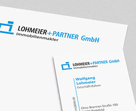Detailausschnitt der Geschäftsaustattung, Briefbogen, Visitenkarte für Lohmeier und Partner GmbH 
